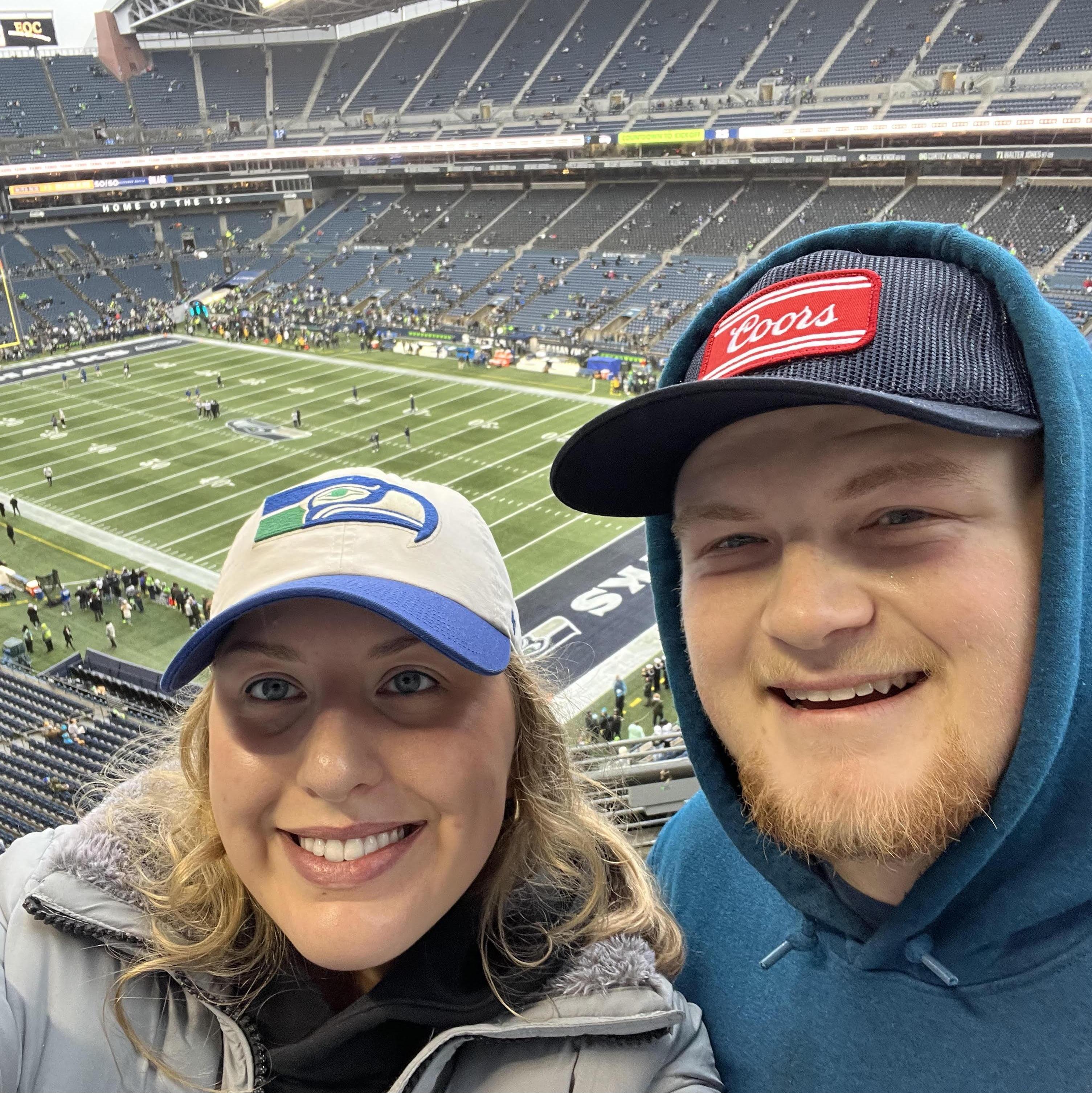 This was the time we weren't on the kiss cam at a Seahawks game, exactly one year before our wedding!