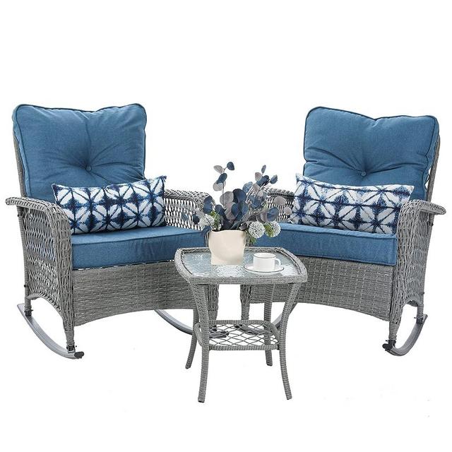 VONZOY 3-Piece Outdoor Rocking Chairs, Wicker Patio Furniture with Thickened Cushions and Table for Porch (Blue)