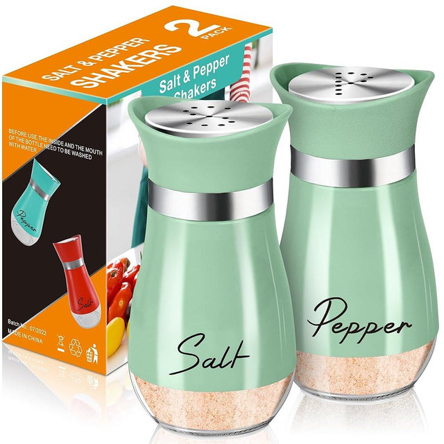 Salt and Pepper Shakers 2 Pack, Small Stainless Steel Cap Glass Bottom kitchen accessories for Table,Camping,RV,BBQ,Gift(Matcha Green)