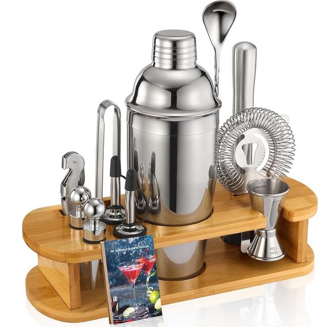 Cocktail Shaker Set Bartender Kit: 13-Pcs Bar Tools Set with Bamboo Stand, Essential Bar Accessories for Home: 25oz Martini Shaker, Jigger, Bar Spoon, Professional Cocktails Kit for Drink Mixing |Gift