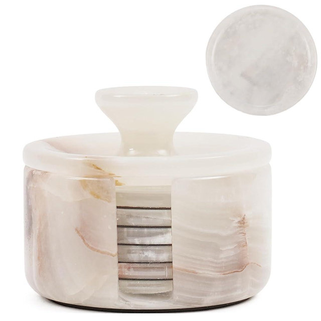 Earthen Crafts Marble Coasters Set of 6 Round Handmade 3.5" Inches White Onyx Stone Coaster for Drinks with Holder & Lid, Ideal for Dining Table, Coffee Table, and Office Desk