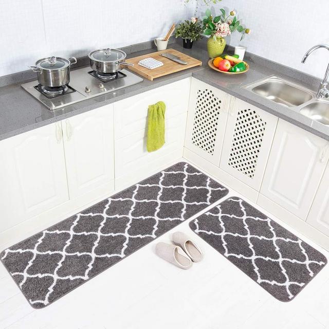 Carvapet 2 Pieces Microfiber Moroccan Trellis Non-Slip Soft Kitchen Mat Bath Rug Doormat Runner Carpet Set, 20"x63"+20"x31", Grey