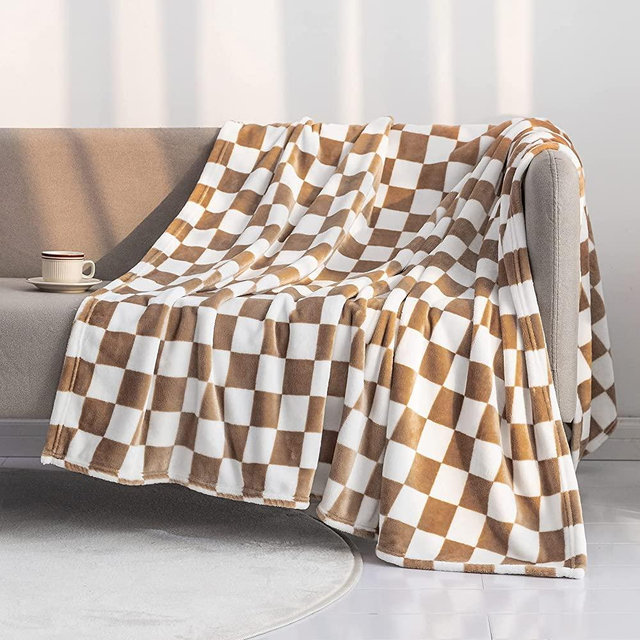 LOMAO Throw Blankets Flannel Blanket with Checkerboard Grid Pattern Soft Throw Blanket for Couch, Bed, Sofa Luxurious Warm and Cozy for All Seasons (Khaki, 51"x63")
