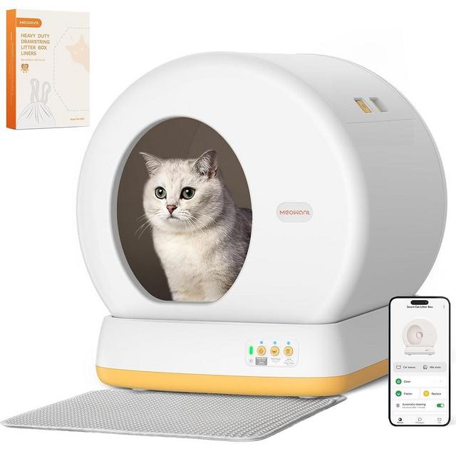 MeoWant Self-Cleaning Cat Litter Box-Yellow, Advanced Safety System Automatic Cat Litter Box Perfect for Multi Cats, Extra Large/Odor Control/APP Control Smart Cat Litter Box with Mat & Liner