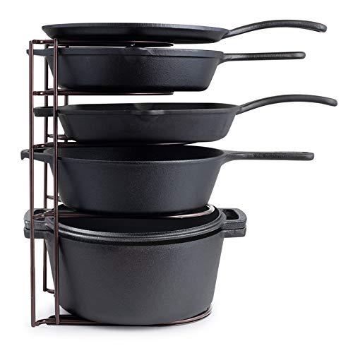 Heavy Duty Pan Organizer, Extra Large 5 Tier Rack - Holds Cast Iron Skillets, Dutch Oven, Griddles - Durable Steel Construction - Space Saving Kitchen Storage - No Assembly Required - Bronze 15.4-inch
