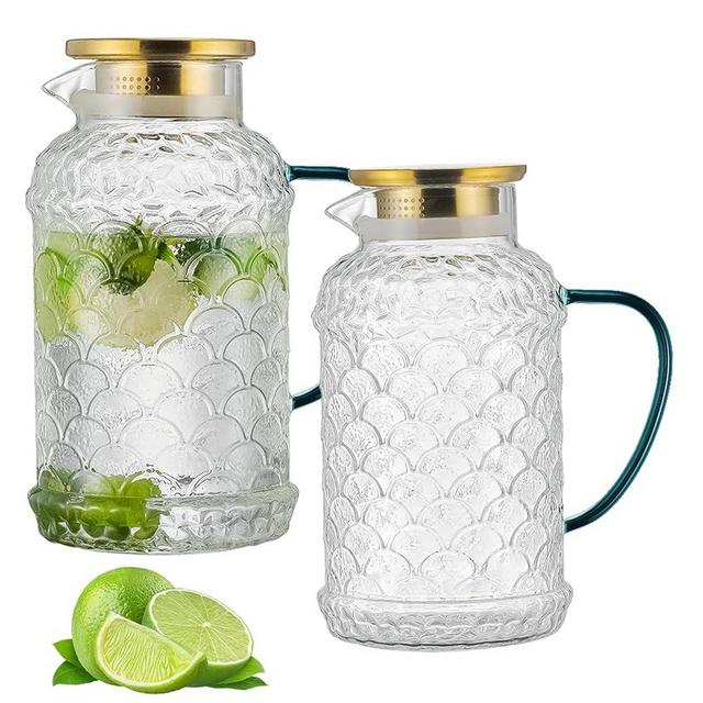 Buaic 2 PACK Glass Pitcher with Lid,68 oz/2 Liter Fish Scale Design Water Pitcher, Vintage Clear Borosilicate Glass Water Carafe for Cold Brew, Coffee, Lemonade, Iced SunTea, Milk Heat Resistant