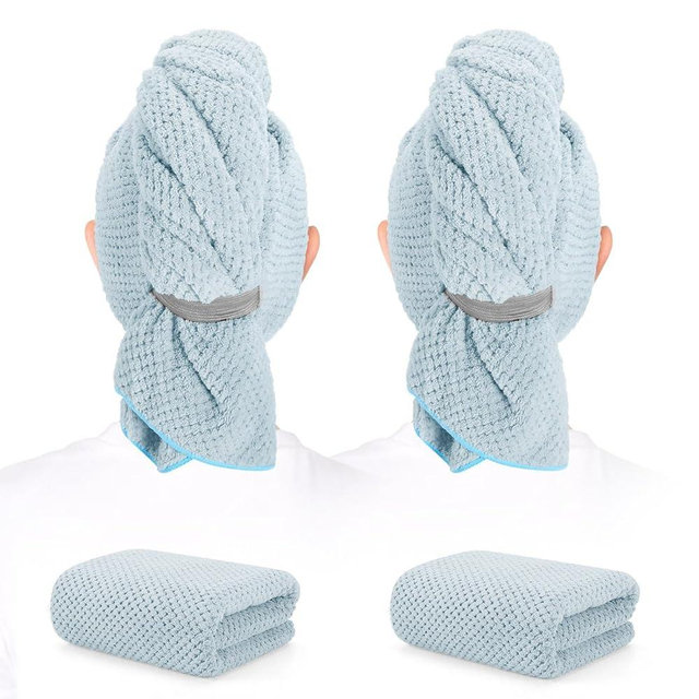 BEoffer 2 Pack Microfiber Hair Towel - 41 x 24 inches Super Soft, Absorbent, Fast Drying Without Frizz Hair Towel Wrap for Women Long, Thick, Curly Hair - Hair Turbans with Elastic Strap