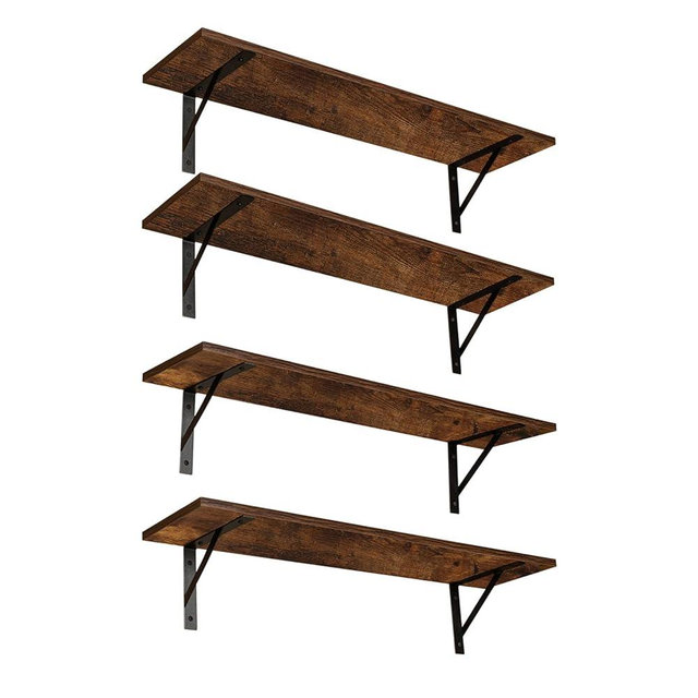 DINZI LVJ Long Wall Shelves, Set of 4, 31.5Inch Wall Mounted Shelves, Extra Large Wall Storage Ledges with Sturdy Metal Brackets for Living Room, Bathroom, Bedroom, Kitchen, Rustic Brown