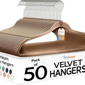 50 Pack New Premium Quality Velvet Hangers Ultra Thin Non Slip Adult Felt Space Saving Hangers for Closet Heavy Duty Coat Pants Dress Hangers 360° Swivel Hook Hold Upto 10 lbs Warm Taupe