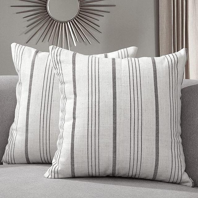 Sunlit Decorative Farmhouse Throw Pillow Case, Modern Accent Square Pillow Cover, 26" x 26", Set of 2 Off White with Gray Stripes Textured Linen Throw Cushion Covers for Couch Chair Bedroom