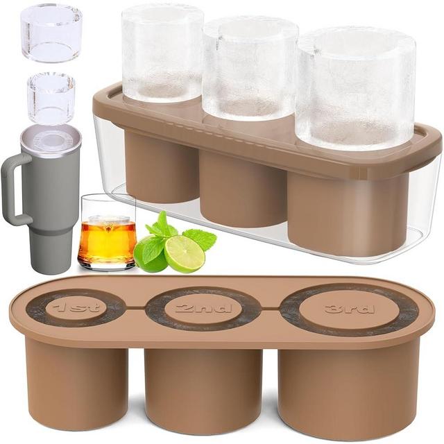 Ice Cube Tray for Tumbler Cup, 3 Pcs Silicone Cylinder Ice Mold with Lid and Bin for Freezer, Ice Drink, Juice, Whiskey, Cocktail, Summer Gifts (Brown)