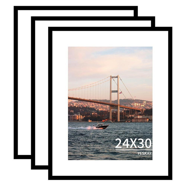 YESKAY 24x30 Picture Frame 3 Pack - Black Poster Frame Display Pictures 18x24 with Mat or 24 x 30 Without Mat for Wall Hanging Horizontal and Vertical
