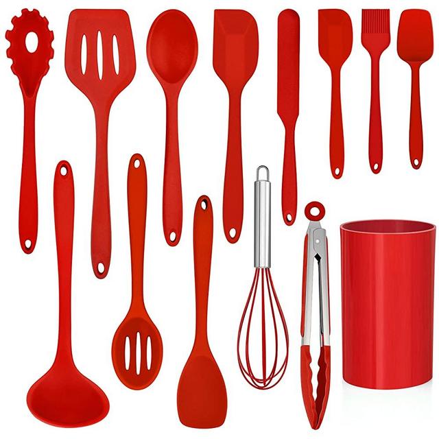 LIANYU 14 Pcs Cooking Utensils Set with Holder, Heat Resistant Silicone Kitchen Cookware Utensils Set, Kitchen Cooking Tools Includes Spatula Spoon Turner Whisk Tong, Dishwasher safe, Red