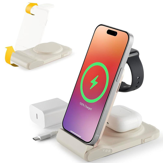 3 in 1 Charging Station for Multiple Devices,Travel Wireless Charging Station, Foldable Charger for iPhone 16/15/14/13/12/SE/11/X/8 Series,& Android Phone,& iWatch (USB-C Adapter Included)