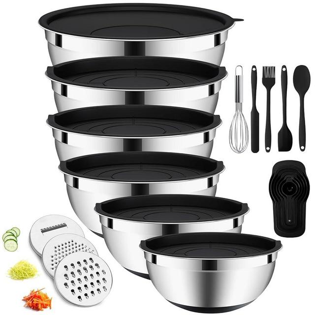 ENVTEK 20-Piece Mixing Bowls Set with Airtight Lids – 6 Stainless Steel Bowls (4.5QT, 4QT, 3.5QT, 2.1QT, 1.5QT, 1.1QT), 3 Grater Attachments, Non-Slip Silicone Bottoms, Perfect for Baking & Serving