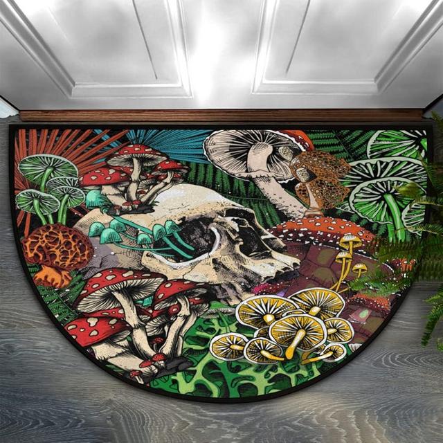 FZDXZJJ Suger Skull Half Round Door Mat,Rainbow Mushroom Welcome Mat for Front Door Non-Slip Entryway Rug Floor Doormat for Inside Outside Entry Bedroom Bathroom Kitchen Garage Patio,24"x 36"