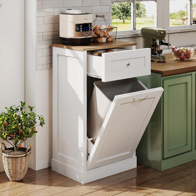 Yongchuang Tilt Out Trash Can Cabinet 10 Gallon, Kitchen Wooden Hidden Trash Can Cabinet with Drawer Dog Proof Recycling Garbage Bin White