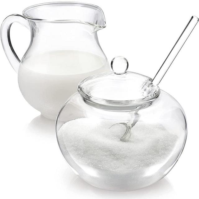 Teabloom Stain-free & Odor-free Borosilicate Glass Sugar and Creamer Set - Tea or Coffee Serving Set Includes Cream Pitcher, Sugar Bowl with Lid and Spoon (Serves up to 3-4 People)
