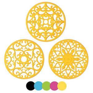 ME.FAN 3 Set Silicone Multi-Use Intricately Carved Trivet Mat - Insulated Flexible Durable Non Slip Coasters (Yellow)