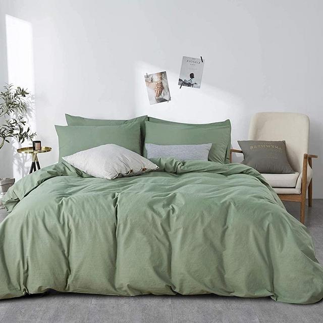 JELLYMONI Green 100% Washed Cotton Duvet Cover Set, 3 Pieces Luxury Soft Bedding Set with Zipper Closure. Solid Color Pattern Duvet Cover Cal-King Size(No Comforter)