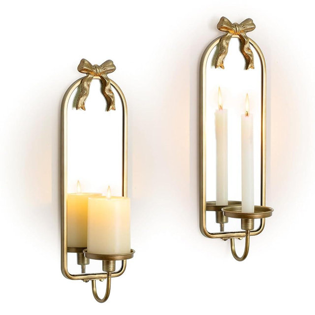Walasis Gold Candle Sconces Wall Decor: Modern Decorative Wall Candle Holder Set of Two for Bedroom - Vintage French Metal Mirror Candle Sconces Beside Fireplace TV