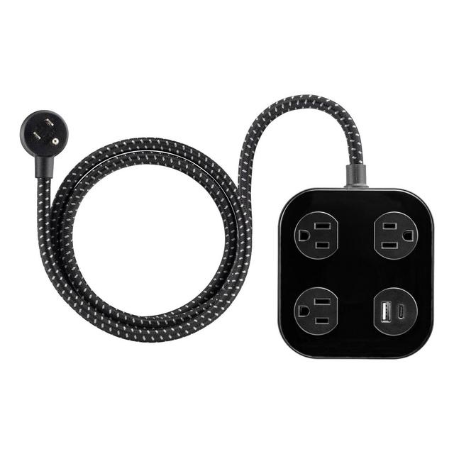 GE 3-Outlet Surge Protector with USB 1 USB-A 1 USB-C 20W Shared 245J 4' Braided Cord Black
