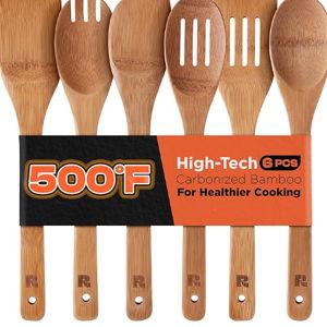 Riveira Dark Bamboo Wooden Spoons for Cooking 6-Piece, Apartment Essentials Wood Spatula Spoon Nonstick Kitchen Utensil Set Premium Quality Housewarming Gifts for Everyday Use
