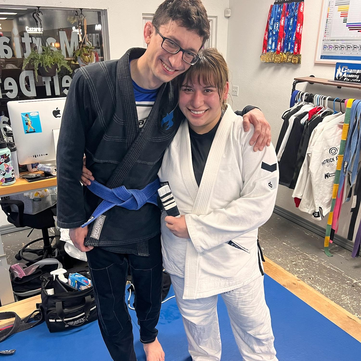 The night Tracy got her third stripe on her white belt at Jiu Jitsu in March 2024.
