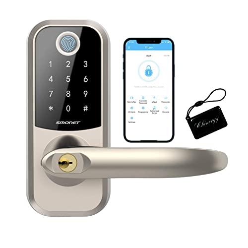 [2021 Newest]Smart Lock SMONET 5-in-1 Keyless Entry Fingerprint Door Lock, Bluetooth Lock with Reversible Handle,Work with Alexa (Need Extra Gateway),eKey,IC Card,App Auto Lock for Home, Hotel, Office