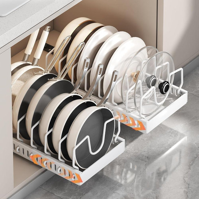 Pots and Pans Organizer Under Cabinet 2 Pack, Pull-Out Cabinet Organizer for Pot Lids, Bakeware, Dishes, 8 Adjustable Dividers (White）