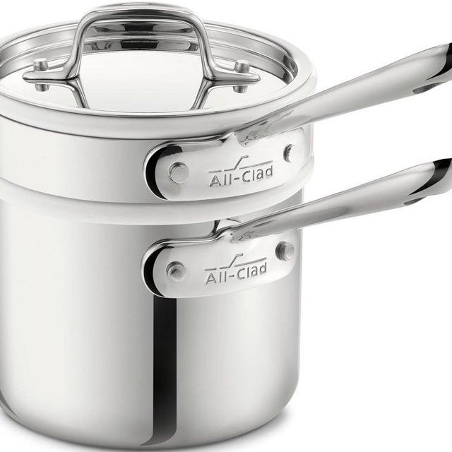 All-Clad 42025 Stainless Steel 3-Ply Bonded Dishwasher Safe Sauce Pan with Porcelain Double Boiler and Cookware Lid, 2-Quart, Silver - 8400000266