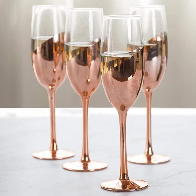 MyGift Modern Champagne Flute Glasses in Rose Gold, Set of 4