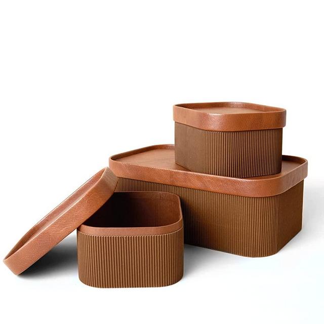 LA JOLIE MUSE Fluted Cardboard Storage Basket with Leather Lids, Sturdy Stackable Paper Boxes Decorative Tray, Modern Basket Organizer Bins for Jewelry Shelve Bathroom Bedroom Organizing, Chocolate Brown, Set of 3