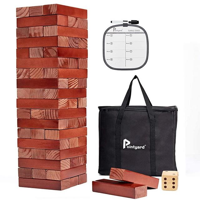 Pointyard Over 5FT Giant Tumble Tower, Retro Pine Wooden Toppling Timber Game for Teens Adults Family - Classic Stacking Block Party Game with 1 Dice&Scoreboard&Carry Bag (2.5Ft to Over 5Ft)