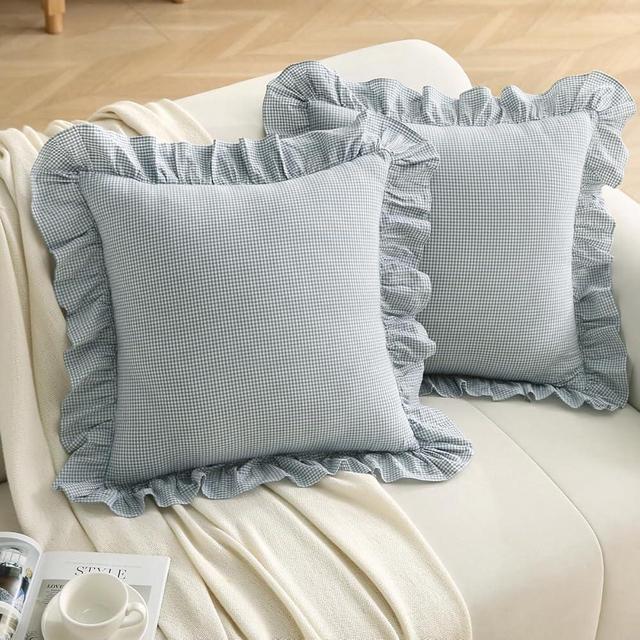 Silnuo Blue/White Plaid Ruffle Throw Pillow Covers Vintage Checkered Gingham 20"x20" Farmhouse Washed Cotton Pillow Shams for Couch,Sofa,Bed and Living Room