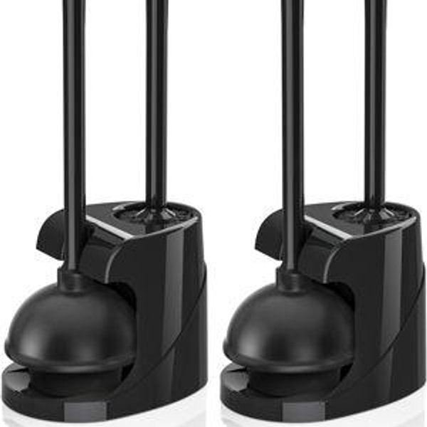 Toilet Plunger and Brush, Bowl Brush and Heavy Duty Toilet Plunger Set with Ventilated Holder, 2-in-1 Bathroom Cleaning Combo with Modern Caddy Stand for 5.7-inch Toilet Drain(Black, 2 Set)