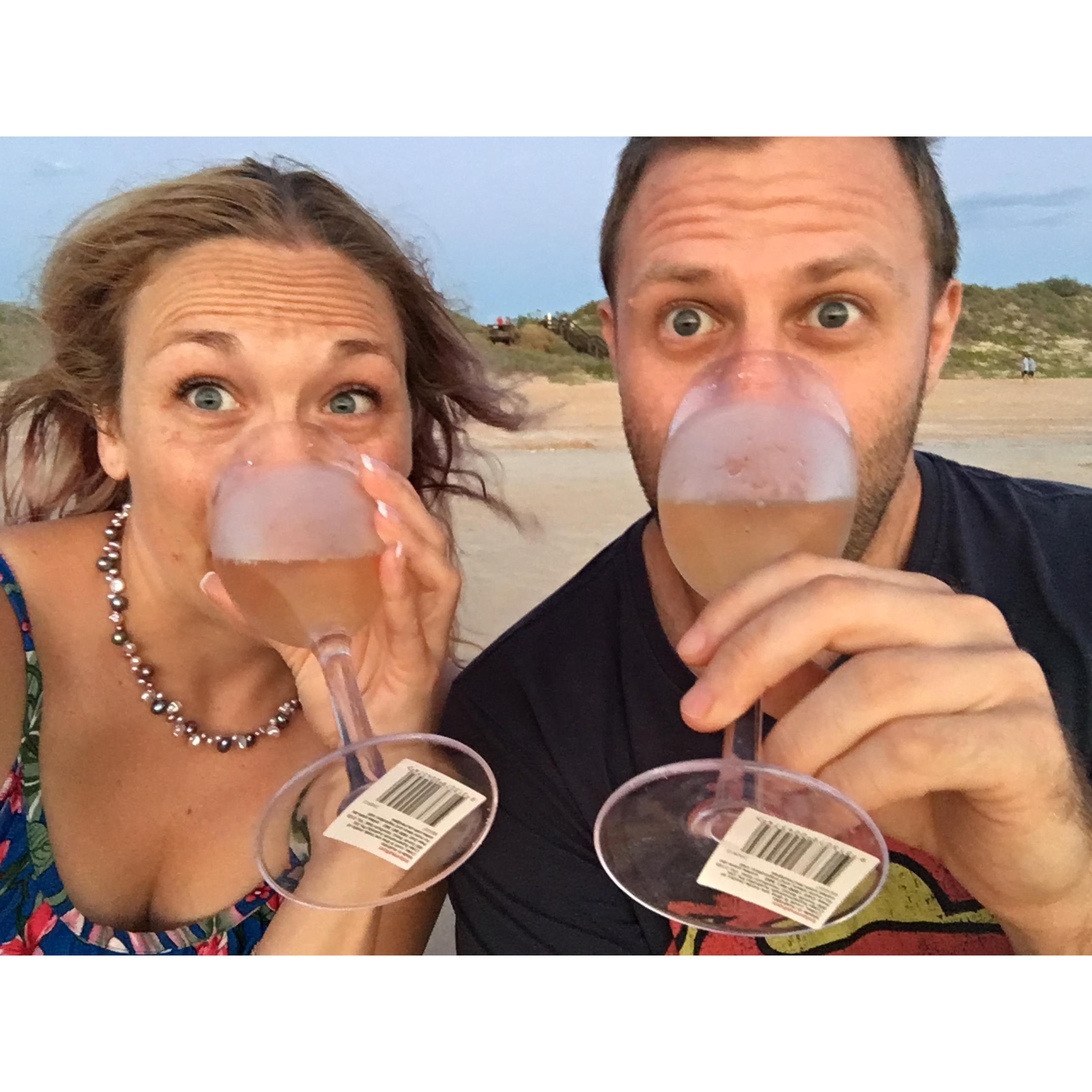 Wines on Cable Beach on our first adventure together to Broome. Nothing but class.... plastic cups direct from Coles.