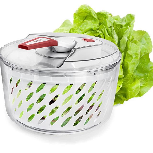 Valore Large Salad Spinner with Serving Bowl and Lid - Effortless Spinning - Lettuce Spinner, Fruit and Vegetable Washer Dryer - Easy to Clean Kitchen Essential, Red and White