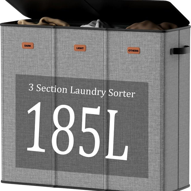 Fuonsyn 185L Laundry Hamper 3 Section with Lid, Grey Hamper 3 Compartment with 3 Removable Laundry Bags, Large Laundry Basket for Bedroom, Laundry Room, Dorm