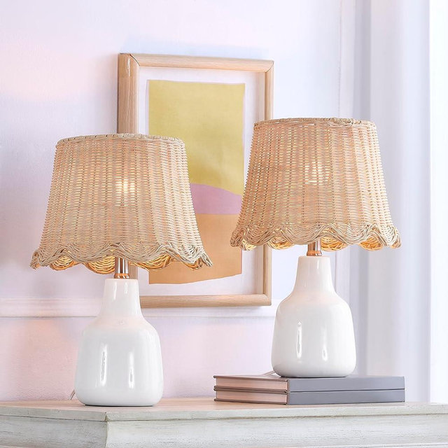 HIGHTRY 16.5" Modern Ceramic Table Lamps Set of 2, White Bedside Lamps with Rattan Shade for Living Room, Small Rattan Bedroom Lamp for Nightstand
