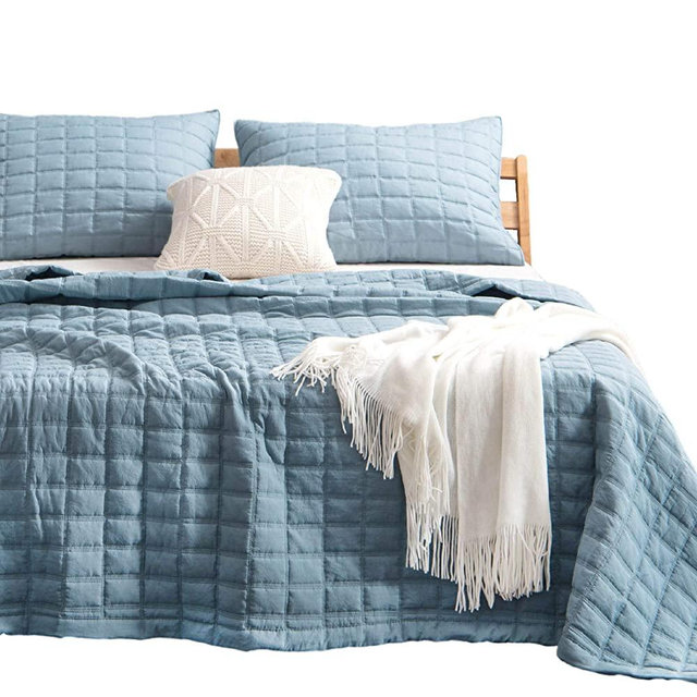KASENTEX Quilt-Bedding-Coverlet-Blanket-Set, Machine Washable, Ultra Soft, Lightweight, Stone-Washed, Detailed Stitching-Solid Color, Full/Queen + 2 Shams, Grey Blue