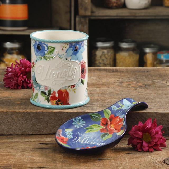 The Pioneer Woman Floral 2-Piece Mini Utensil Crock and Spoon Rest Set