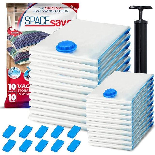 20 Pack Variety Vacuum Storage Bags for Comforters, Blankets & Clothes – Vacuum Sealed Compression Bags with Hand Pump – Space Saver Storage Bags for Bedding, Moving, Travel & Organization (10S & 10M)