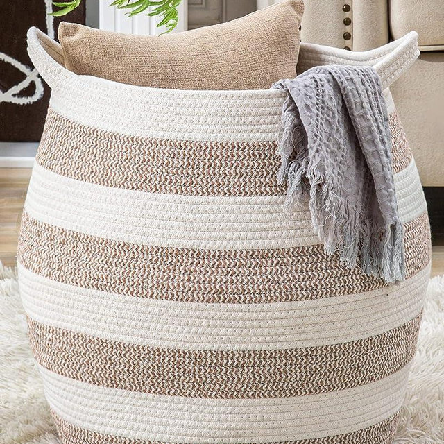 KAKAMAY Woven Baskets for Storage(17"x17"),Large Cotton Rope Basket Woven Baby Laundry Hamper,Collapsible Laundry Basket, Blanket Basket for Organizing Living Room,Nursery,Pillows,Toy Chest(Rose)