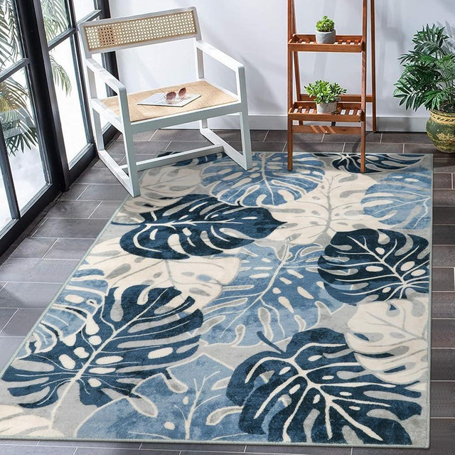 Wonnitar Tropical Washable 3x5 Entry Rug,Leaf Blue Small Rugs for Bedroom,Botanical Non-Slip Living Room Area Rug Low Pile Indoor Floor Carpet for Mud Room Dining Table Doorway