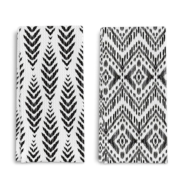 Qpenm Black and White Kitchen Dish Towels Set of 2 - Mid Century Modern Boho Leaf Pattern Decorative Hand Towels for Bathroom Kitchen, Modern Home Decor, Black and White Dish Towels 16x24 Inches