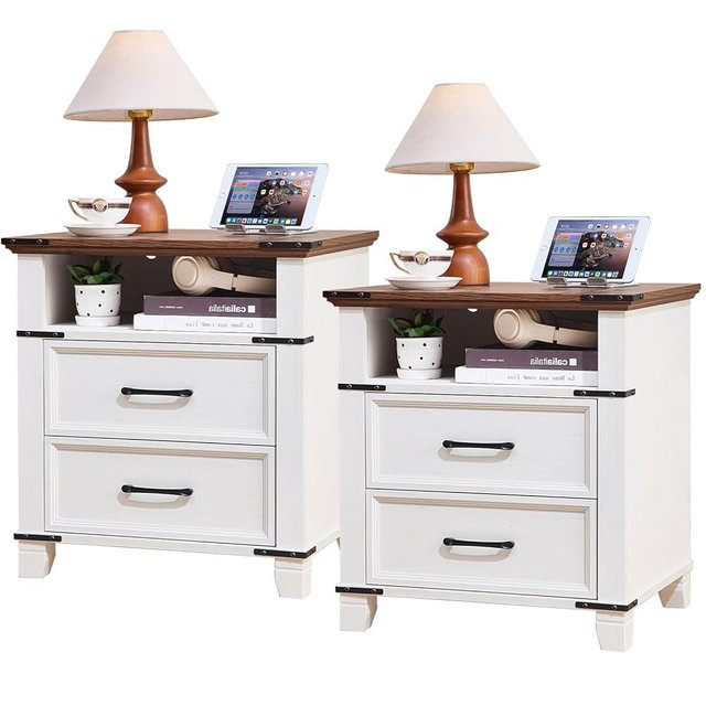 Senfarime 22" Nightstand, 2PCS Farmhouse Nightstand with 2 Drawers,Industrial Bedside Table with Open Shelf for Bedroom Living Room,Office Bed Side Tables Couch End Table,White