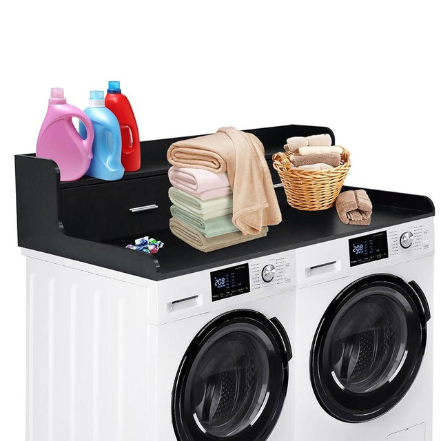 2-Tier Washer Dryer Countertop with 2.75" Edge Rails, 54" x 27.55" Laundry Countertop Cover with Non-Slip Pads, Large Space Laundry Topper for Folding Clothes, Laundry Room Organization, Black