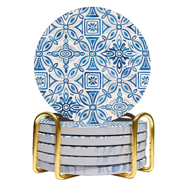 Ceramic Drink Coasters - Includes 6 Handpainted Blue Patterns and Gold Holder - Super Absorbent - Cork Underside Protects Furniture