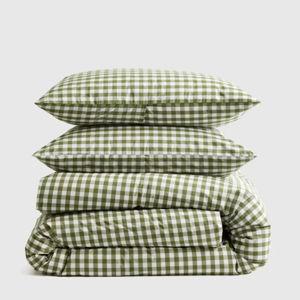 Percale Gingham Duvet Cover Set - Olive, King/Cal King